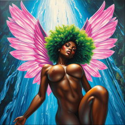 A polished, oil-based painting depicting a full nude, wet body of a gorgeous black woman seen from a worm's-eye view