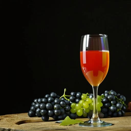 A clear glass filled with grape juice placed beside a beautiful design made from freshly-plucked grapes, both resting on a rustic wooden table.