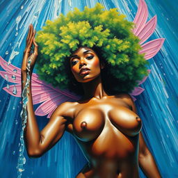 A polished, oil-based painting depicting a full nude, wet body of a gorgeous black woman seen from a worm's-eye view