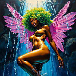 A polished, oil-based painting depicting a full nude, wet body of a gorgeous black woman seen from a worm's-eye view