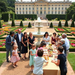 A joyful family gathering in a grand palace garden, where members of all ages are enjoying the lively atmosphere