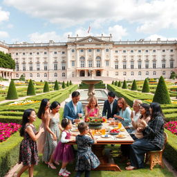 A joyful family gathering in a grand palace garden, where members of all ages are enjoying the lively atmosphere