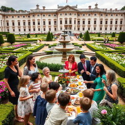 A joyful family gathering in a grand palace garden, where members of all ages are enjoying the lively atmosphere