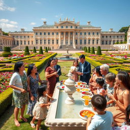 A joyful family gathering in a grand palace garden, where members of all ages are enjoying the lively atmosphere