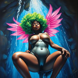 A polished, oil-based painting depicting a full nude wet body of a gorgeous black woman with a bright green tree afro and pink wings, viewed from a worm's-eye perspective