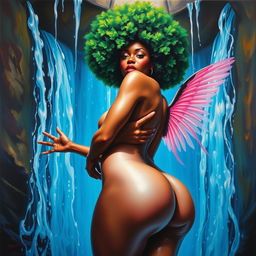 A polished, oil-based painting depicting a full nude wet body of a gorgeous black woman with a bright green tree afro and pink wings, viewed from a worm's-eye perspective