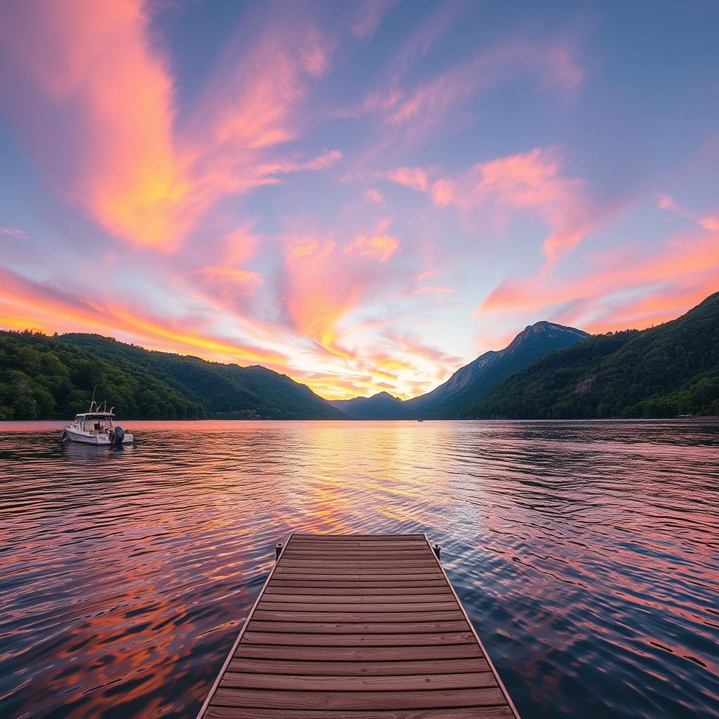 A picturesque landscape featuring a serene lake surrounded by lush greenery, with a towering mountain range in the background