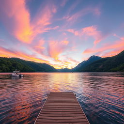 A picturesque landscape featuring a serene lake surrounded by lush greenery, with a towering mountain range in the background