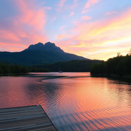 A picturesque landscape featuring a serene lake surrounded by lush greenery, with a towering mountain range in the background