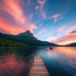 A picturesque landscape featuring a serene lake surrounded by lush greenery, with a towering mountain range in the background