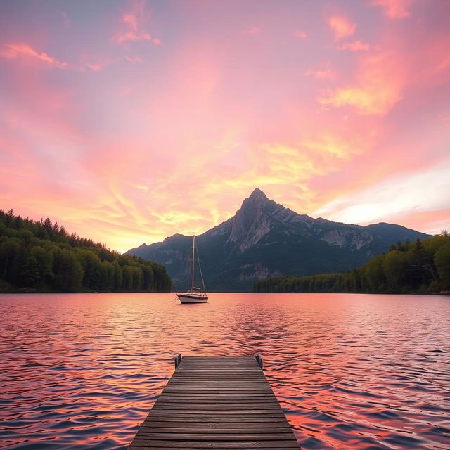 A picturesque landscape featuring a serene lake surrounded by lush greenery, with a towering mountain range in the background