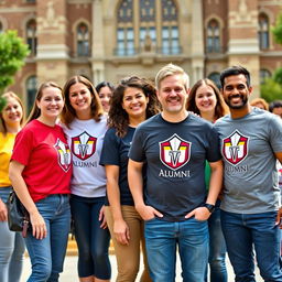 A group of happy and vibrant university alumni wearing custom-designed alumni t-shirts