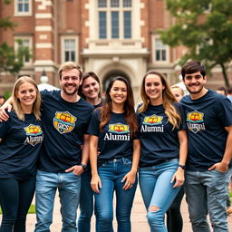 A group of happy and vibrant university alumni wearing custom-designed alumni t-shirts