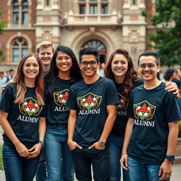 A group of happy and vibrant university alumni wearing custom-designed alumni t-shirts