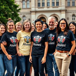 A group of happy and vibrant university alumni wearing custom-designed alumni t-shirts