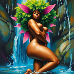 A polished, oil-based painting depicting a full nude, wet body of a gorgeous black woman from a worm's-eye view, showcasing her vibrant green tree afro, pink wings, beautiful breasts, and big booty in a sensual pose beneath a bright blue waterfall