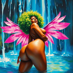 A polished, oil-based painting depicting a full nude, wet body of a gorgeous black woman from a worm's-eye view, showcasing her vibrant green tree afro, pink wings, beautiful breasts, and big booty in a sensual pose beneath a bright blue waterfall