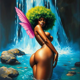 A polished, oil-based painting depicting a full nude, wet body of a gorgeous black woman from a worm's-eye view, showcasing her vibrant green tree afro, pink wings, beautiful breasts, and big booty in a sensual pose beneath a bright blue waterfall