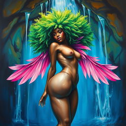 A polished, oil-based painting depicting a full nude, wet body of a gorgeous black woman from a worm's-eye view, showcasing her vibrant green tree afro, pink wings, beautiful breasts, and big booty in a sensual pose beneath a bright blue waterfall