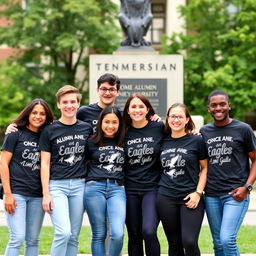 A group of cheerful university alumni, each wearing uniquely designed alumni t-shirts