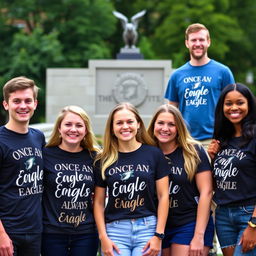 A group of cheerful university alumni, each wearing uniquely designed alumni t-shirts