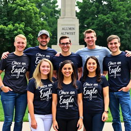 A group of cheerful university alumni, each wearing uniquely designed alumni t-shirts