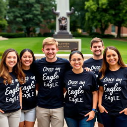 A group of cheerful university alumni, each wearing uniquely designed alumni t-shirts