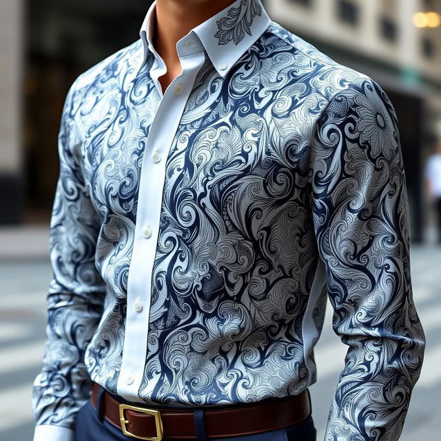 A stylish and modern shirt showcasing intricate patterns and refined tailoring, highlighting elegant design features and a contemporary color palette