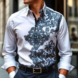 A stylish and modern shirt showcasing intricate patterns and refined tailoring, highlighting elegant design features and a contemporary color palette