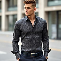 A stylish and modern shirt showcasing intricate patterns and refined tailoring, highlighting elegant design features and a contemporary color palette