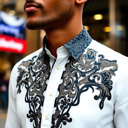 A stylish and modern shirt showcasing intricate patterns and refined tailoring, highlighting elegant design features and a contemporary color palette