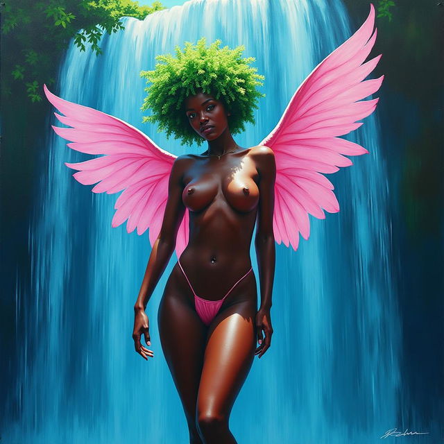 A polished, oil-based painting capturing a gorgeous black woman with a bright green tree afro, highlighting her full nude wet body from a worm's-eye view