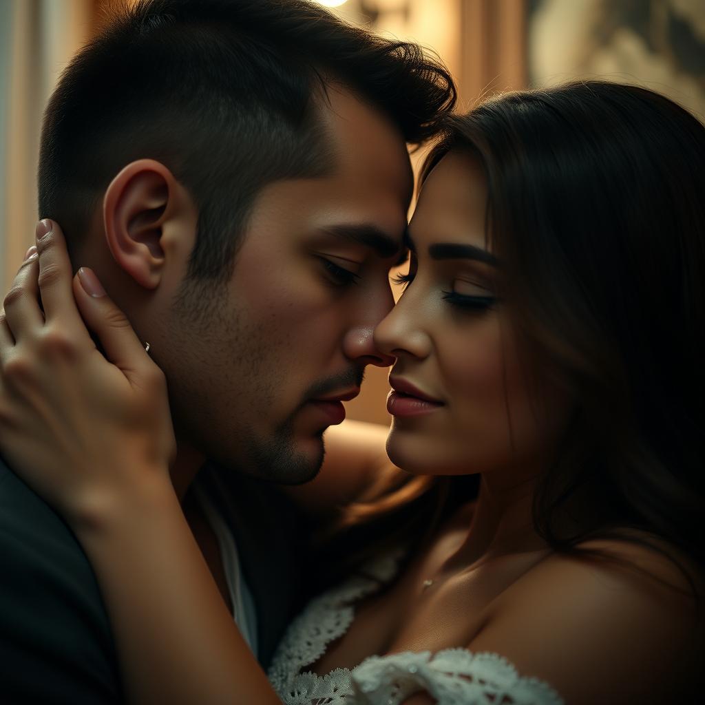 A sensual and intimate close-up depiction of a couple in a private setting focusing on their facial expressions and emotions, emphasizing passion and connection