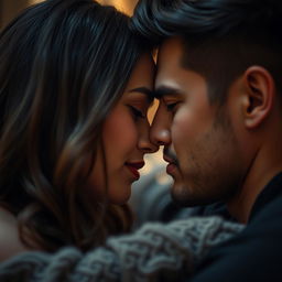 A sensual and intimate close-up depiction of a couple in a private setting focusing on their facial expressions and emotions, emphasizing passion and connection