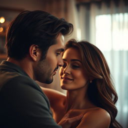 A sensual and intimate close-up depiction of a couple in a private setting focusing on their facial expressions and emotions, emphasizing passion and connection