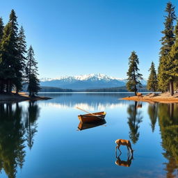 A serene landscape featuring a tranquil lake surrounded by towering pine trees under a clear blue sky