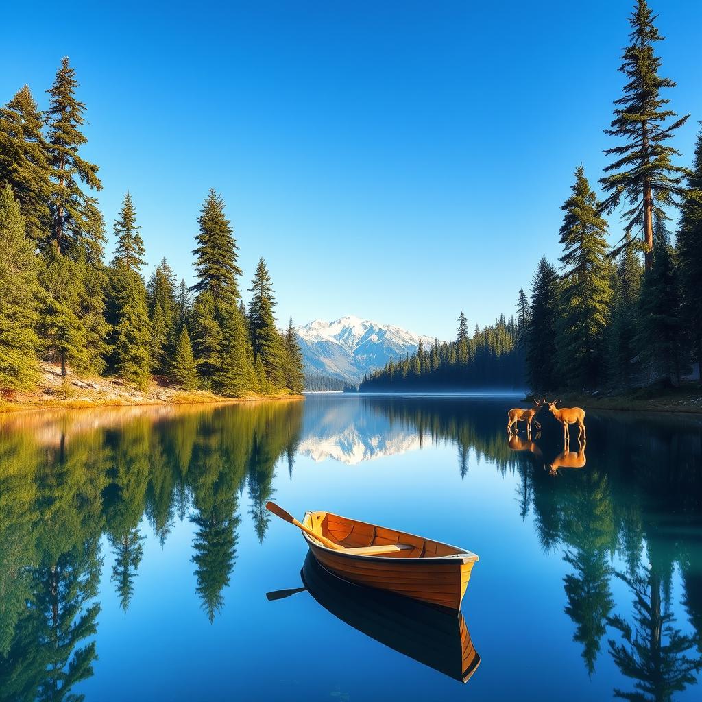 A serene landscape featuring a tranquil lake surrounded by towering pine trees under a clear blue sky