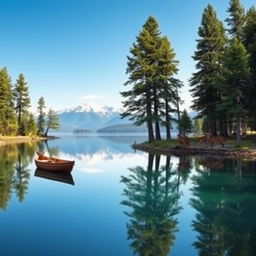 A serene landscape featuring a tranquil lake surrounded by towering pine trees under a clear blue sky