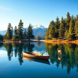 A serene landscape featuring a tranquil lake surrounded by towering pine trees under a clear blue sky