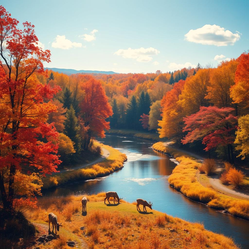 A vibrant autumn landscape featuring a serene river winding through a lush forest