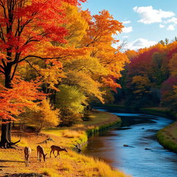 A vibrant autumn landscape featuring a serene river winding through a lush forest