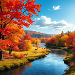 A vibrant autumn landscape featuring a serene river winding through a lush forest