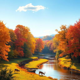 A vibrant autumn landscape featuring a serene river winding through a lush forest