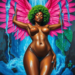 A polished oil-based painting depicting a full worm-eye view of a wet, nude, gorgeous black woman with striking pink wings and a bright green tree afro