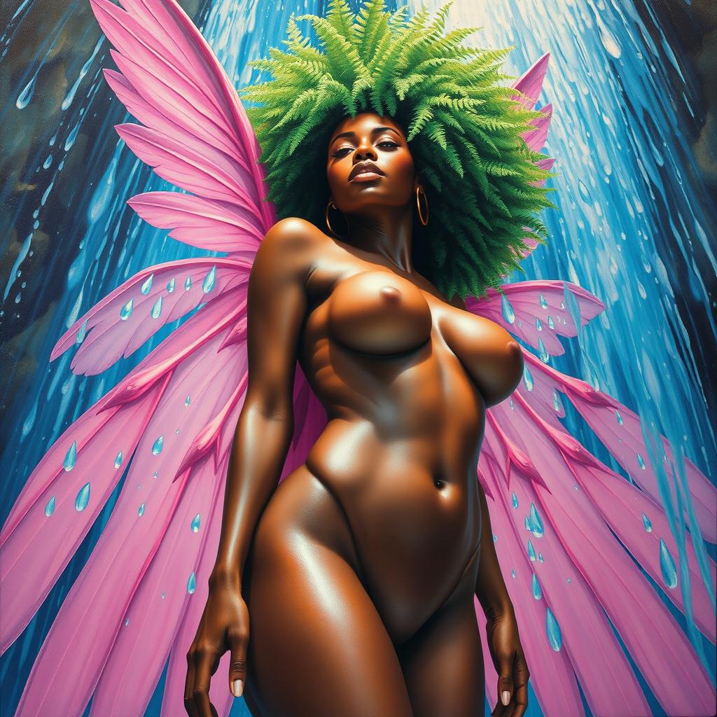 A polished, oil-based painting capturing a full worm-eye view of a wet nude gorgeous black woman with pink wings and a bright green tree afro