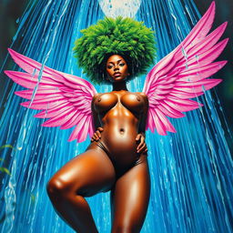 A polished, oil-based painting capturing a full worm-eye view of a wet nude gorgeous black woman with pink wings and a bright green tree afro