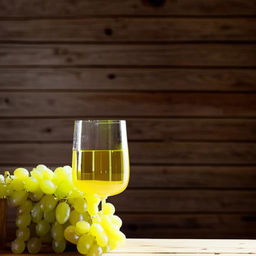 A clear glass filled with grape juice placed beside a beautiful design made from freshly-plucked grapes, both resting on a rustic wooden table.