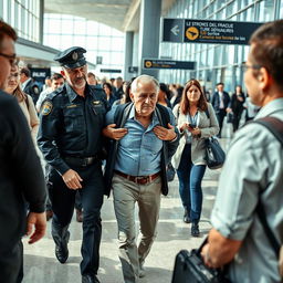 A middle-aged man being arrested at a busy airport in France