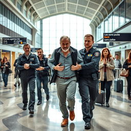 A middle-aged man being arrested at a busy airport in France