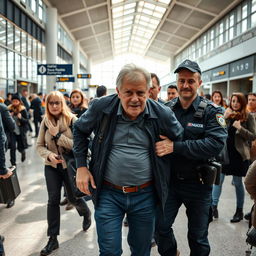 A middle-aged man being arrested at a busy airport in France